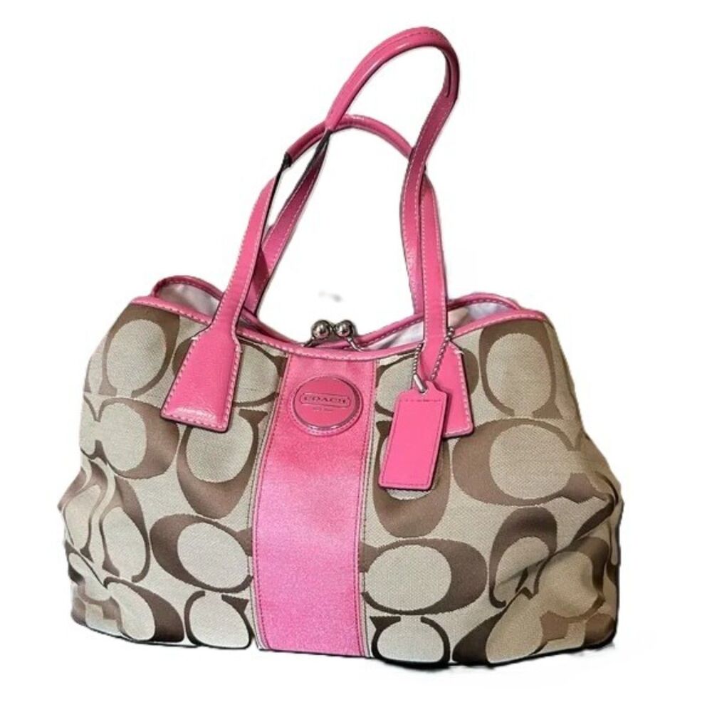 Coach Khaki and Pink Signature Jacquard Kiss-lock 3 Way Entry Shoulder Bag Purse